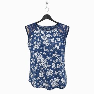 Blue Floral Sleeveless Top with Lace Detail – Feminine & Stylish, Size Medium